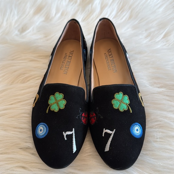 Nicky Hilton x French Sole Lucky Embroidered Black Suede Flats Size 6 - Picture 4 of 15